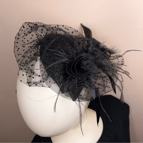 Black Fascinator Lace Mesh Feather Headband Goth Pinup Wedding Formal Event - Picture 7 of 9